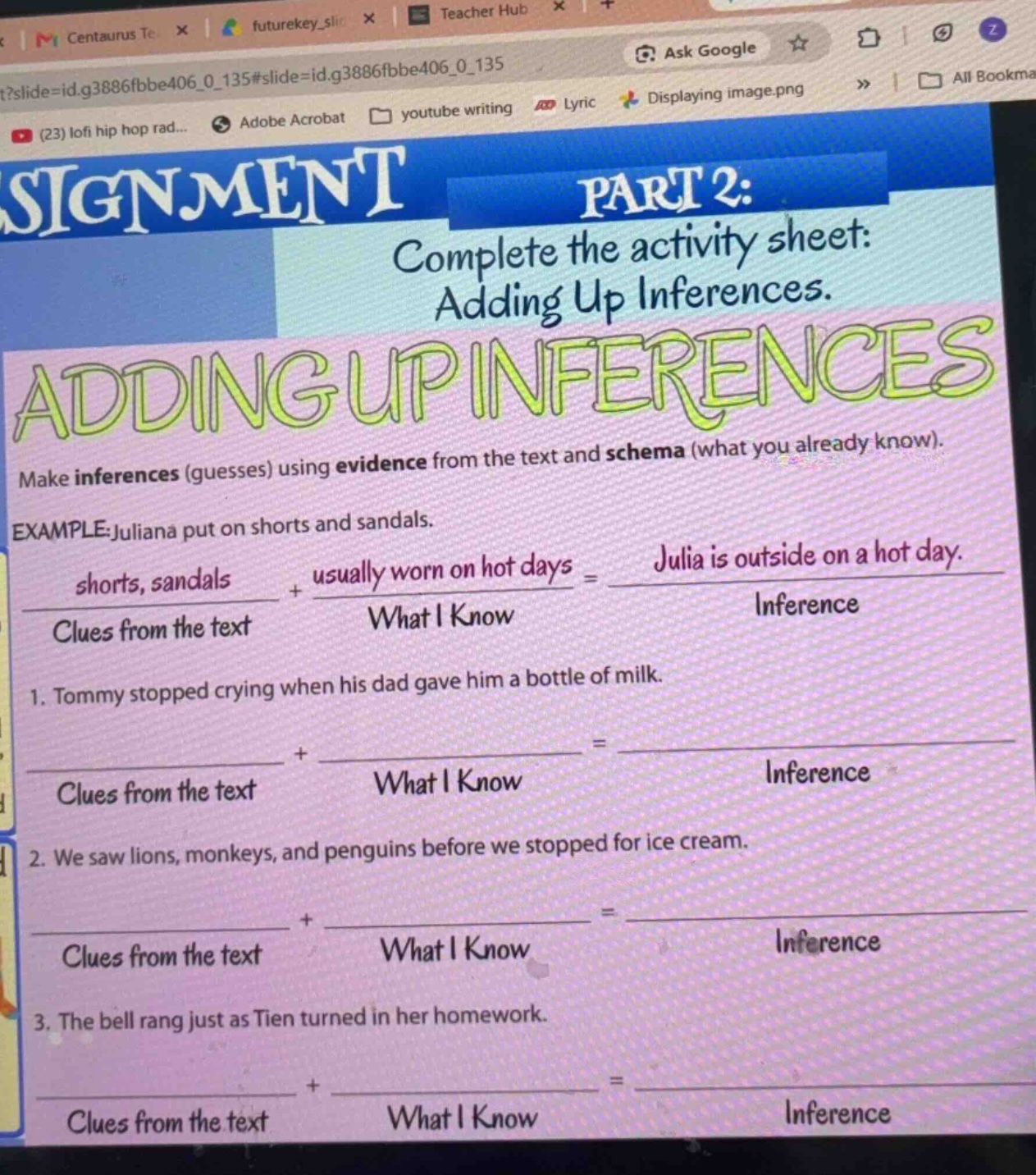part 2: complete the activity sheet: adding up inferences. make inferen…
