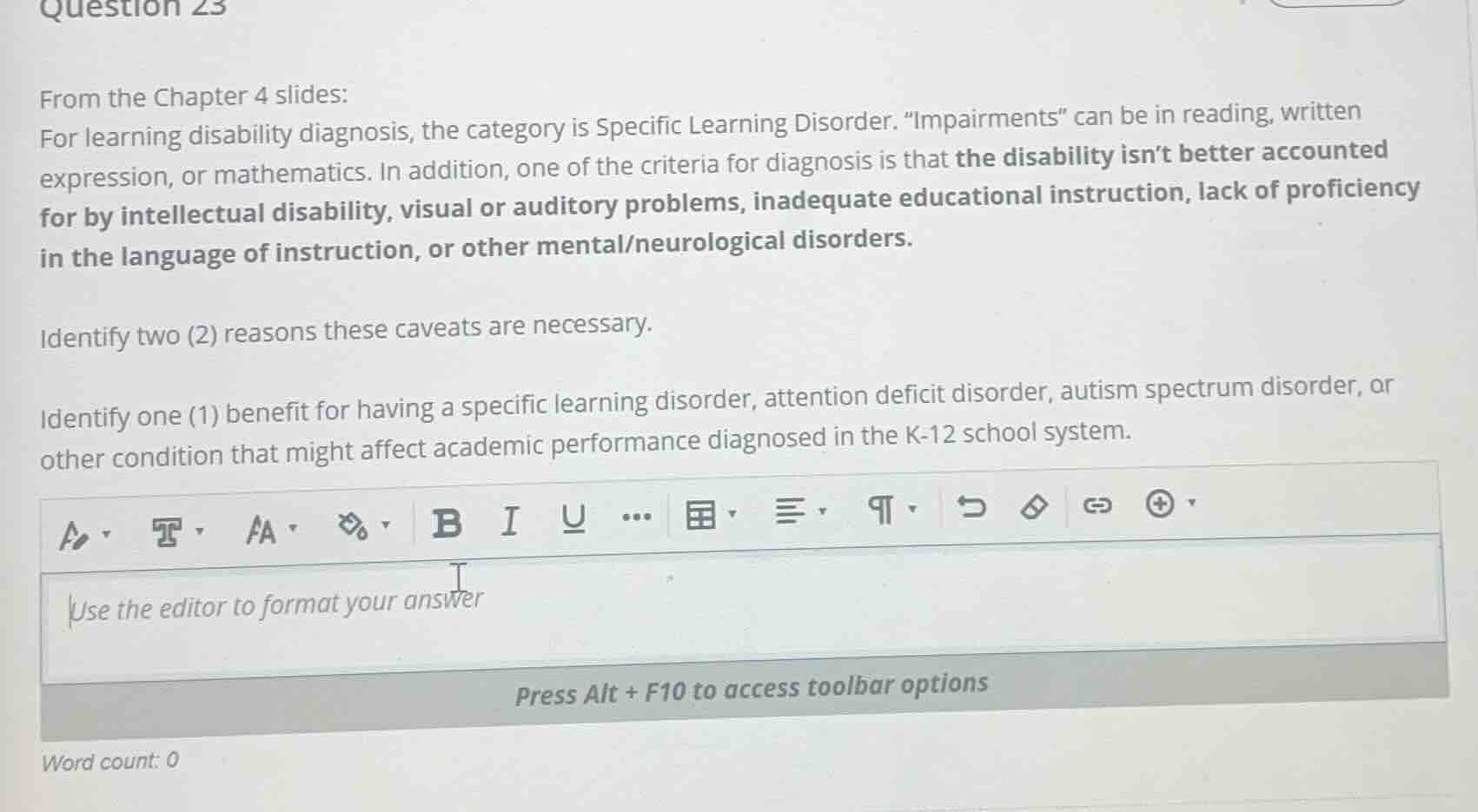 from the chapter 4 slides: for learning disability diagnosis, the categ…