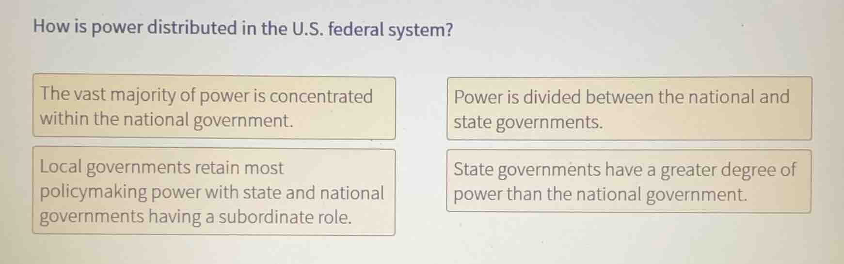 how is power distributed in the u.s. federal system? the vast majority …