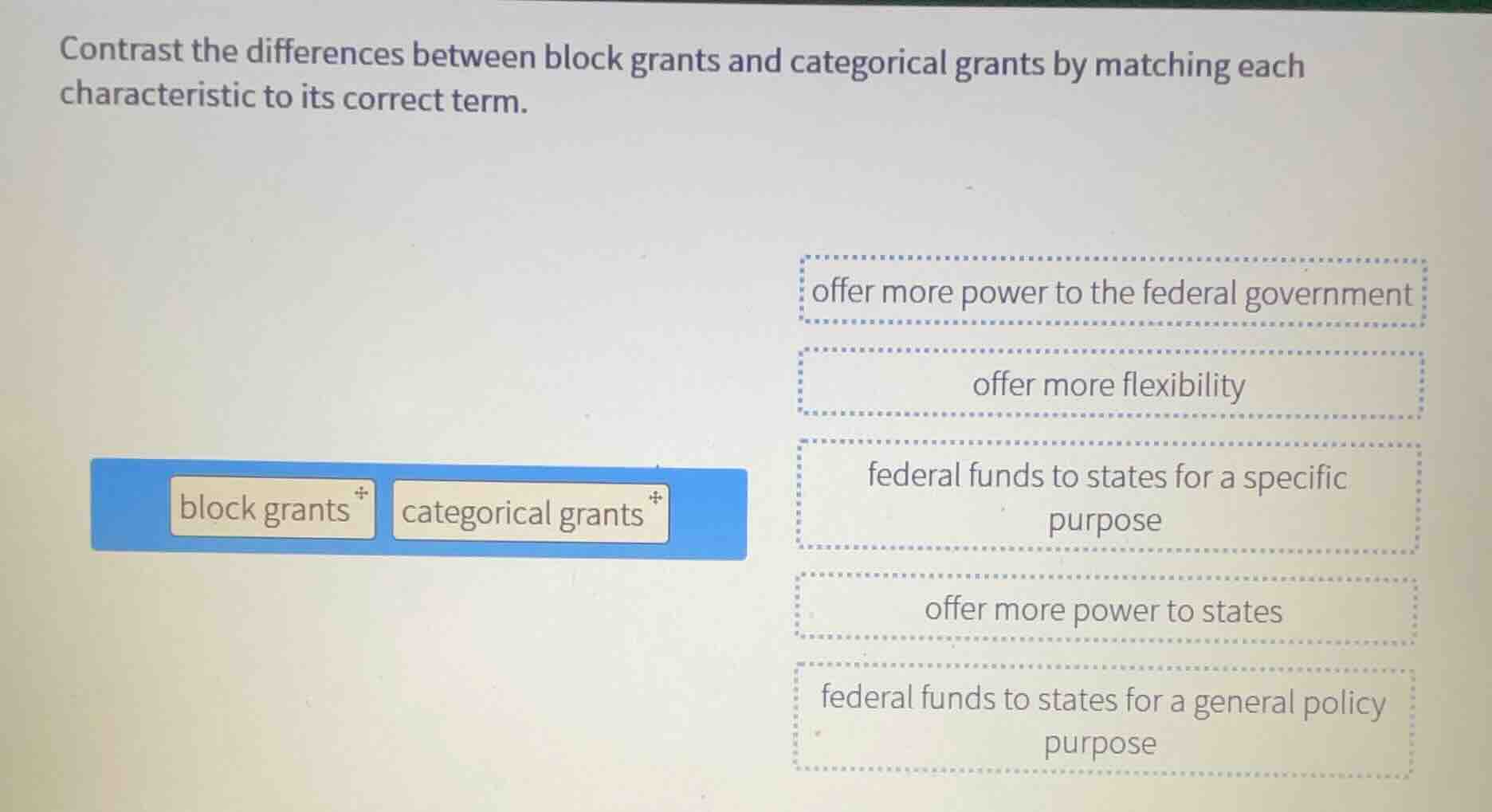 contrast the differences between block grants and categorical grants by…