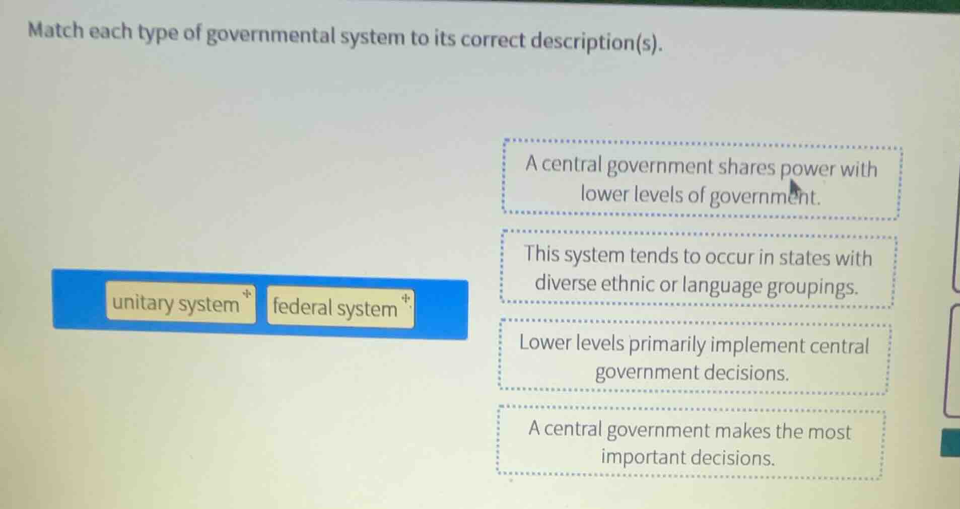 match each type of governmental system to its correct description(s). u…