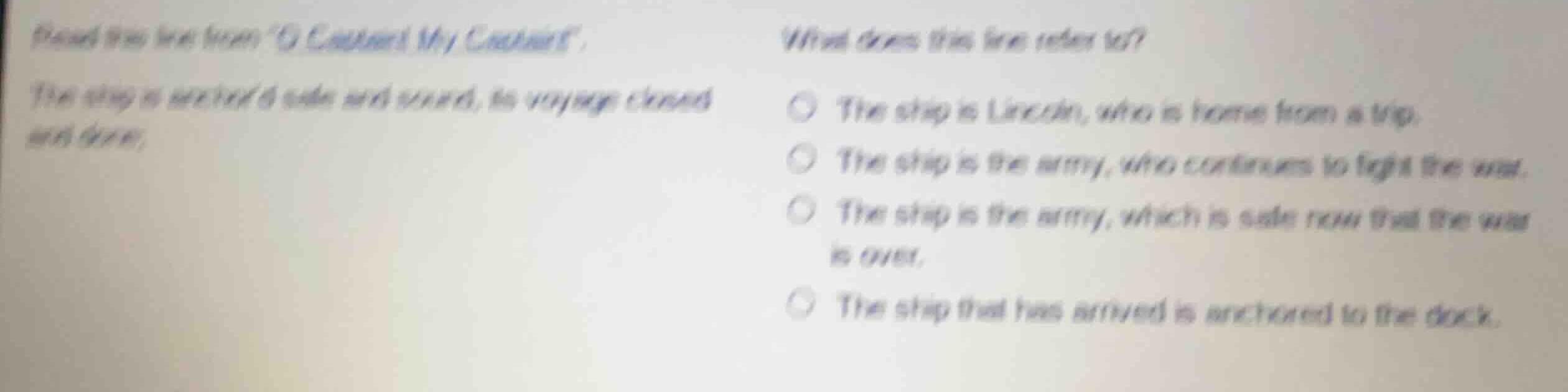 read this line from \o captain! my captain!\. the ship is anchord safe …