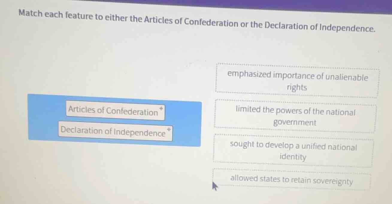 match each feature to either the articles of confederation or the decla…