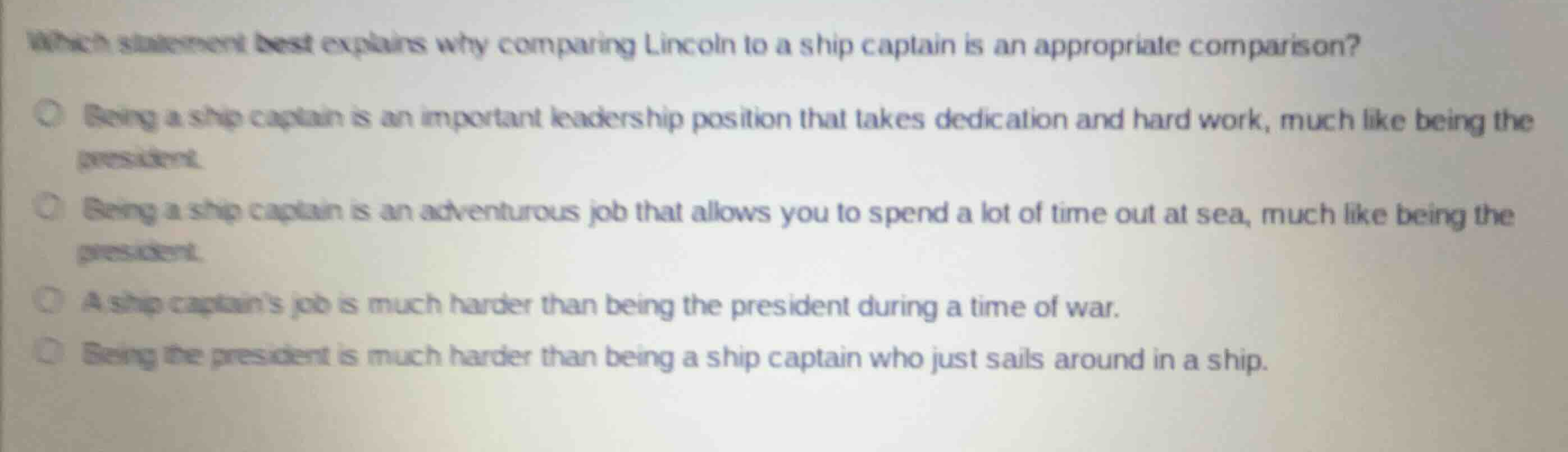 which statement best explains why comparing lincoln to a ship captain i…