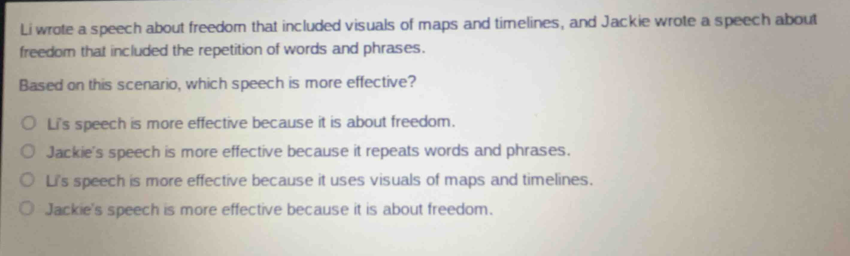 li wrote a speech about freedom that included visuals of maps and timel…