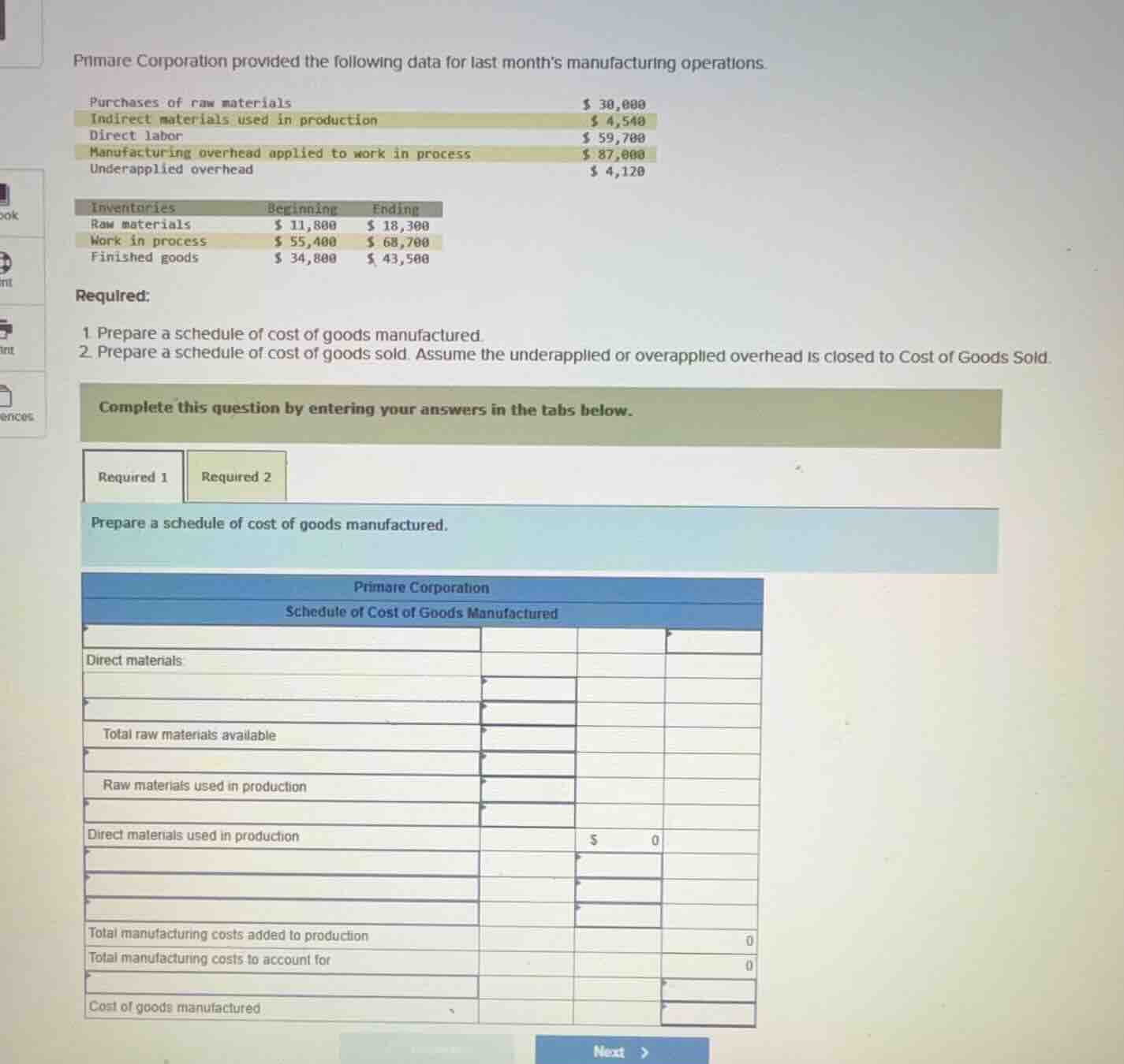 primare corporation provided the following data for last months manufac…