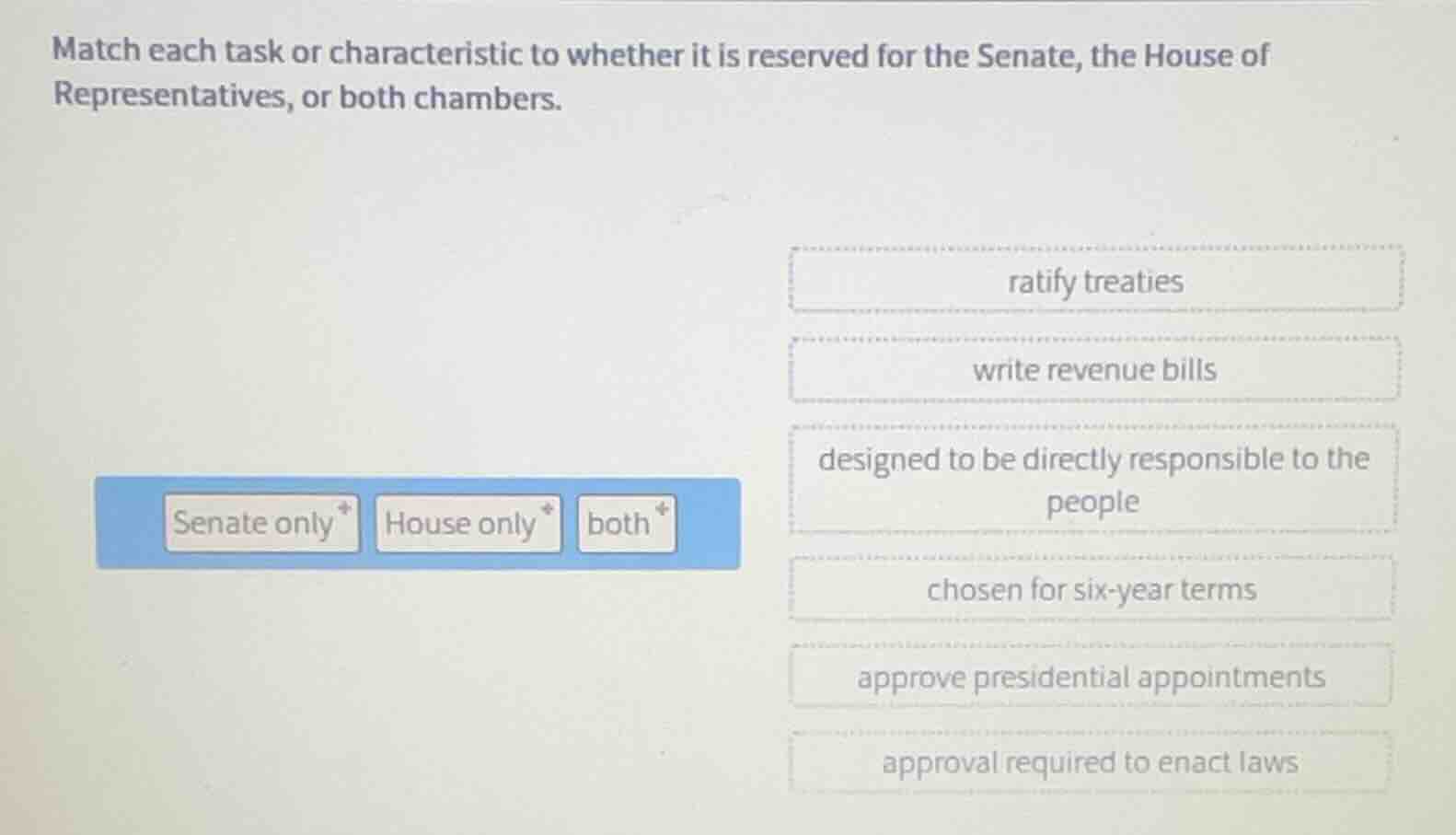 match each task or characteristic to whether it is reserved for the sen…