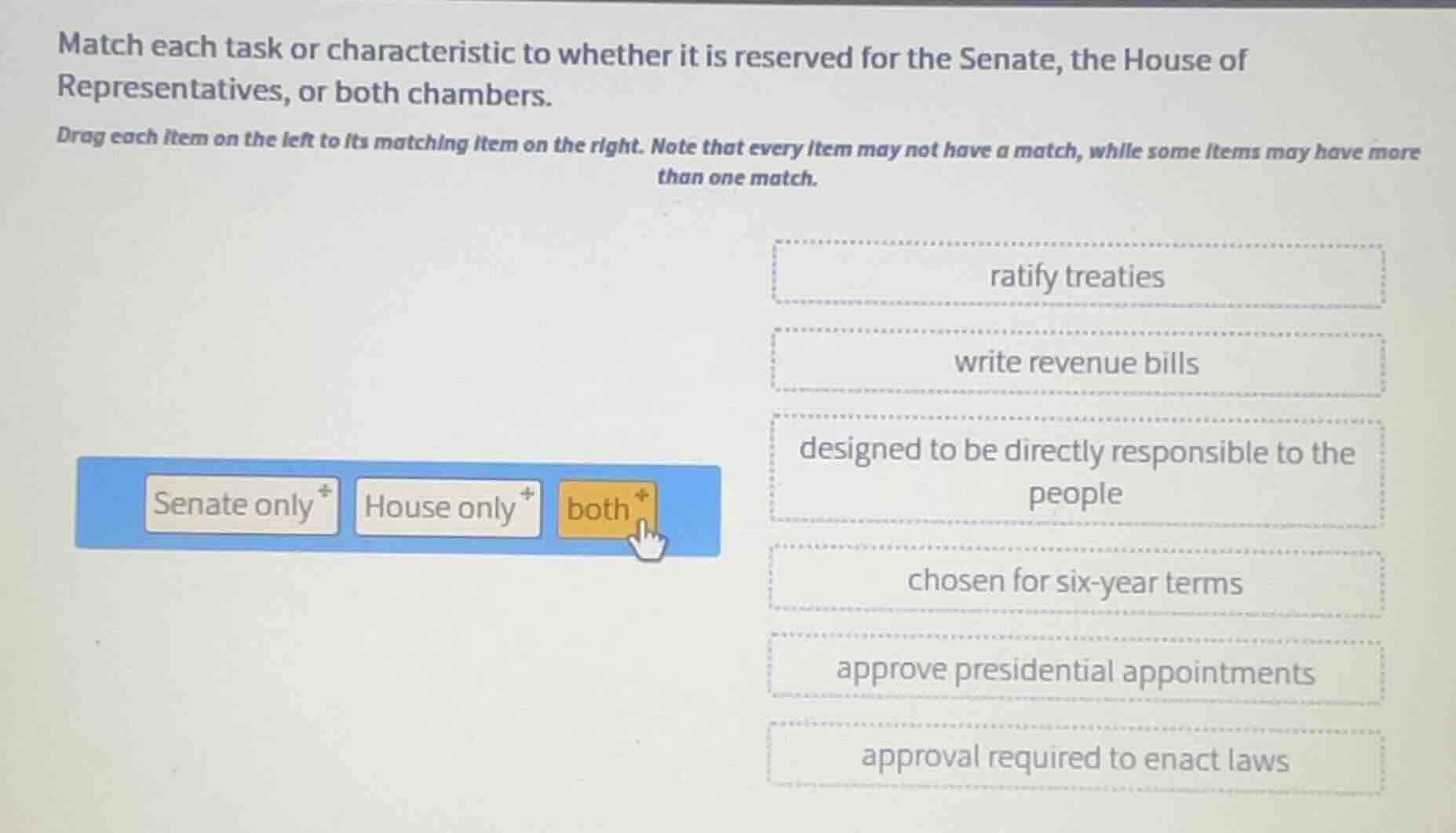 match each task or characteristic to whether it is reserved for the sen…