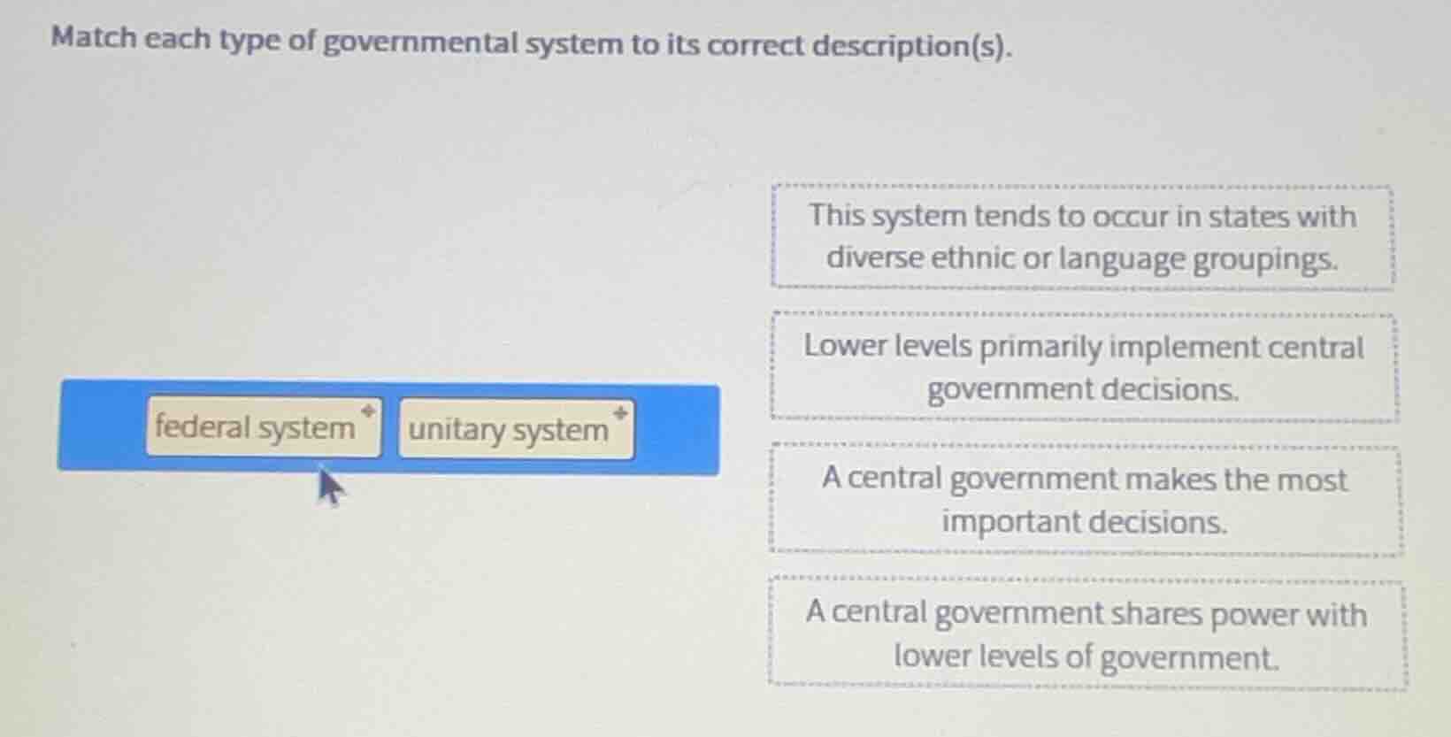 match each type of governmental system to its correct description(s). f…