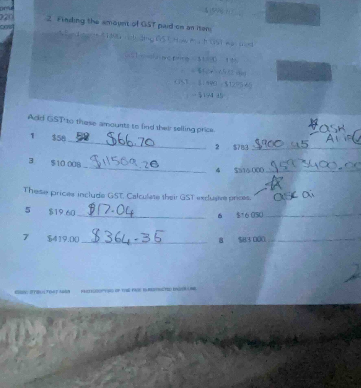 add gst to these amounts to find their selling price. 1. $58 2. $783 3.…