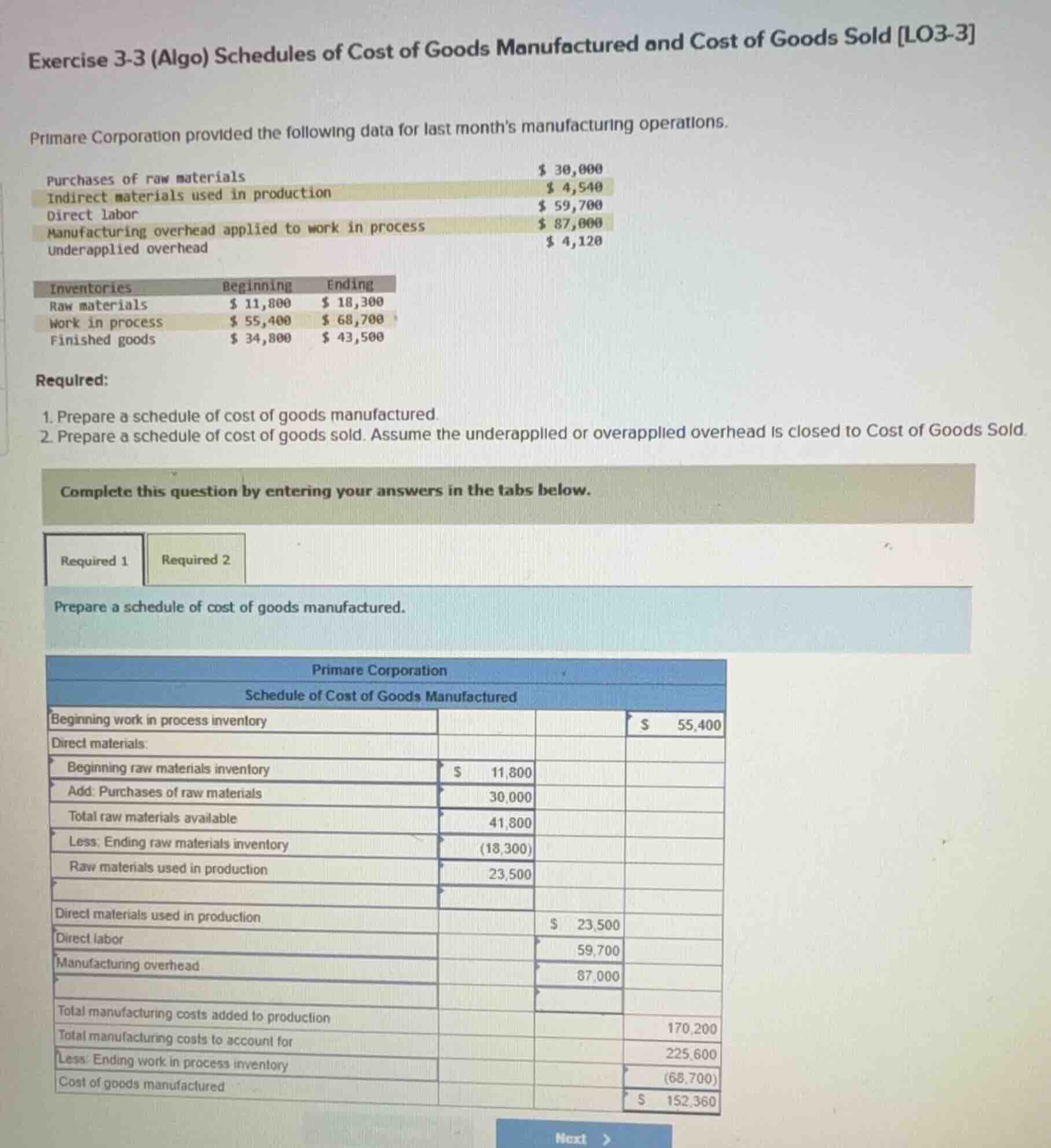 exercise 3-3 (algo) schedules of cost of goods manufactured and cost of…