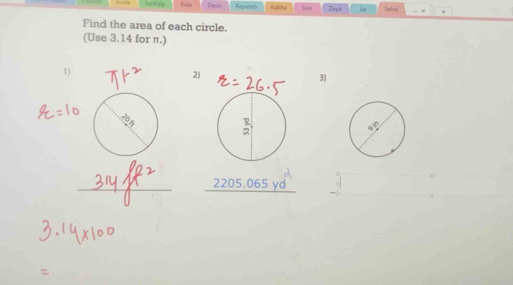 find the area of each circle. (use 3.14 for \\(\\pi\\).) 1) diameter = …