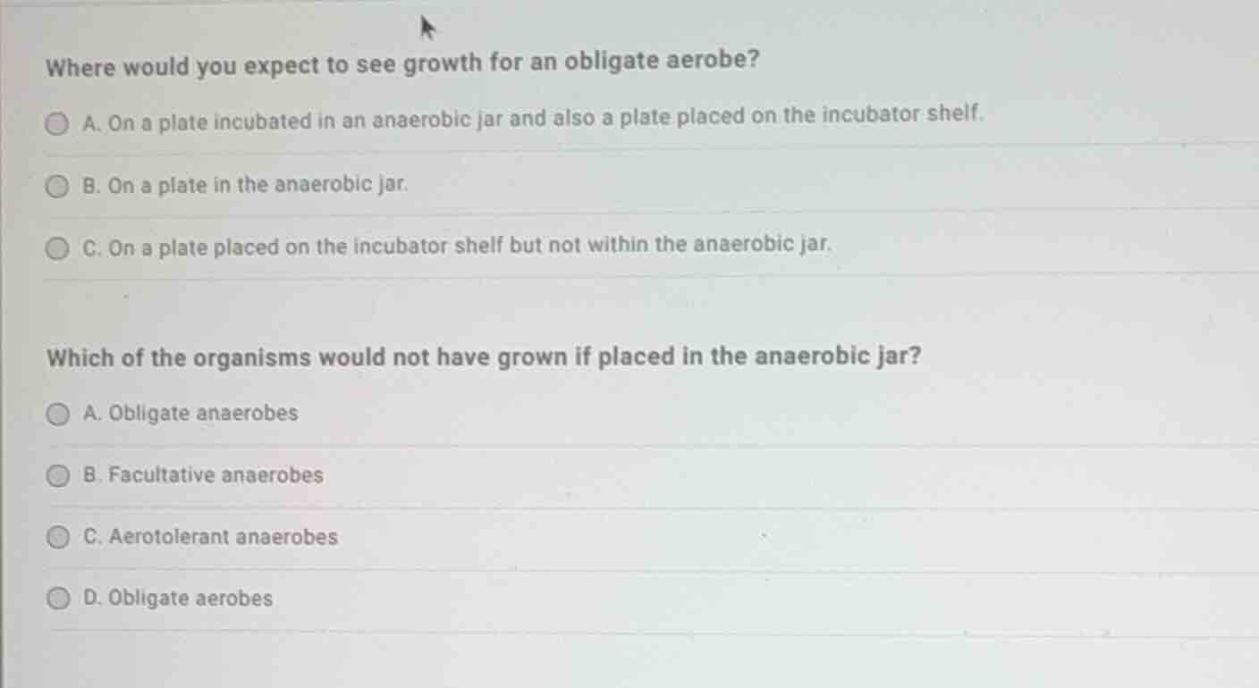 where would you expect to see growth for an obligate aerobe? a. on a pl…