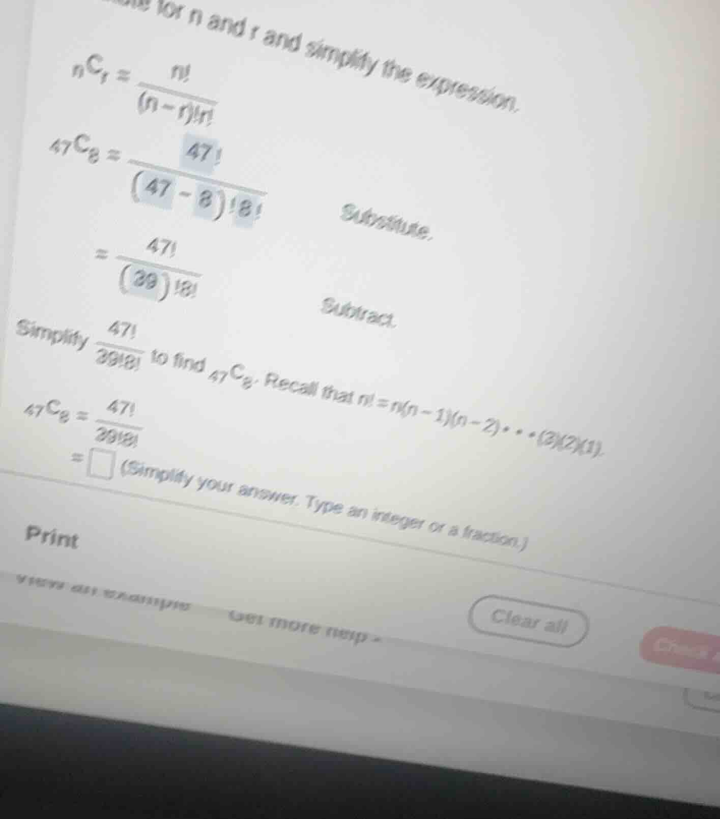 substitute for n and r and simplify the expression. \\(_{n}c_{r} = \\fr…