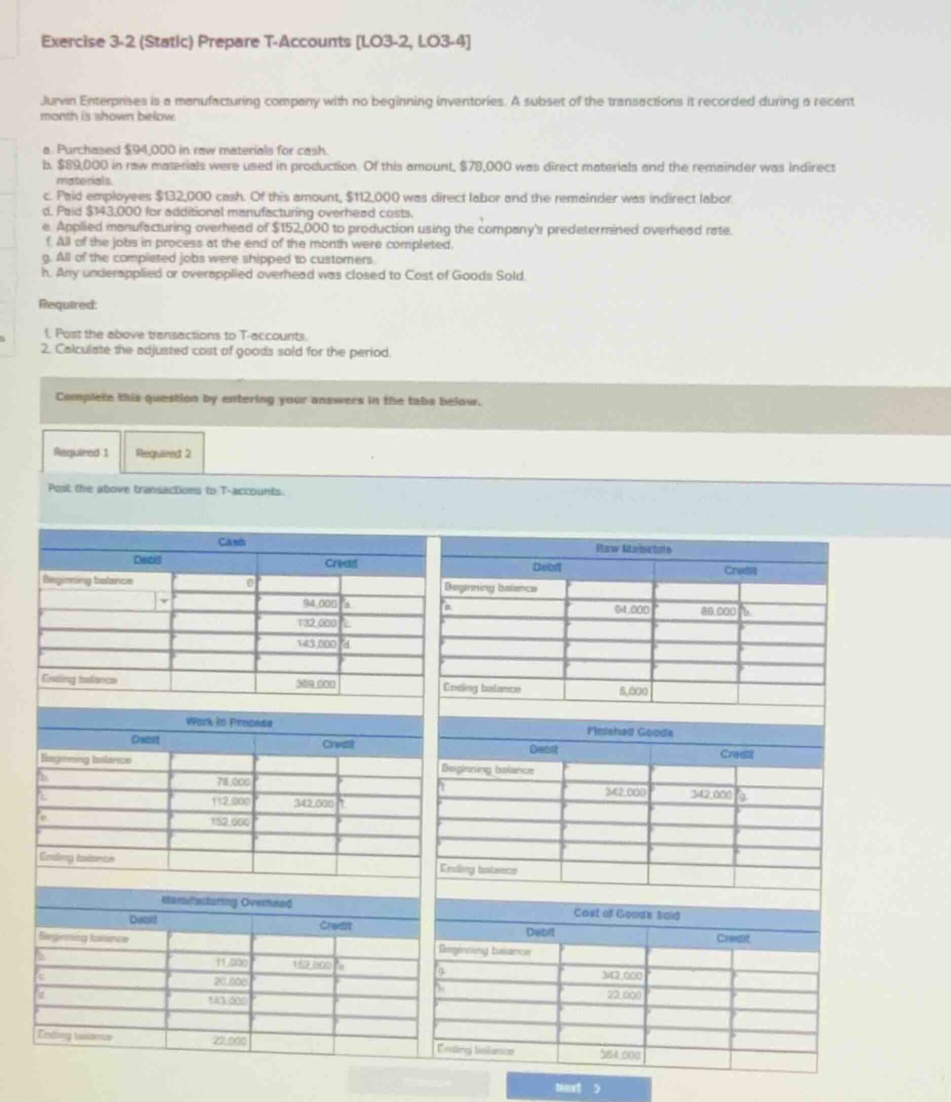 exercise 3-2 (static) prepare t-accounts lo3-2, lo3-4 jurvin enterprise…
