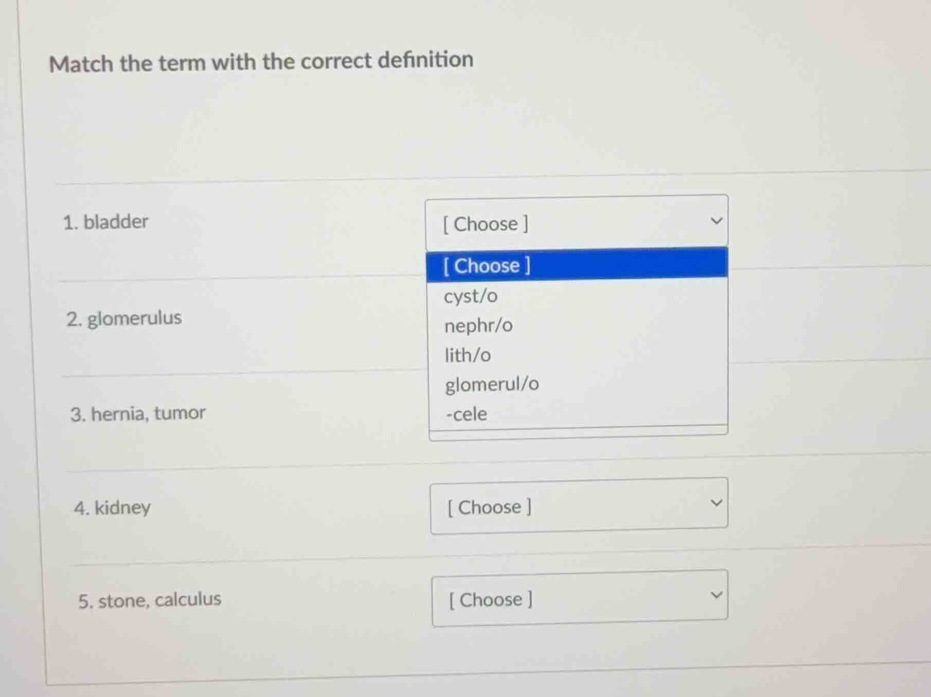 match the term with the correct definition 1. bladder 2. glomerulus 3. …