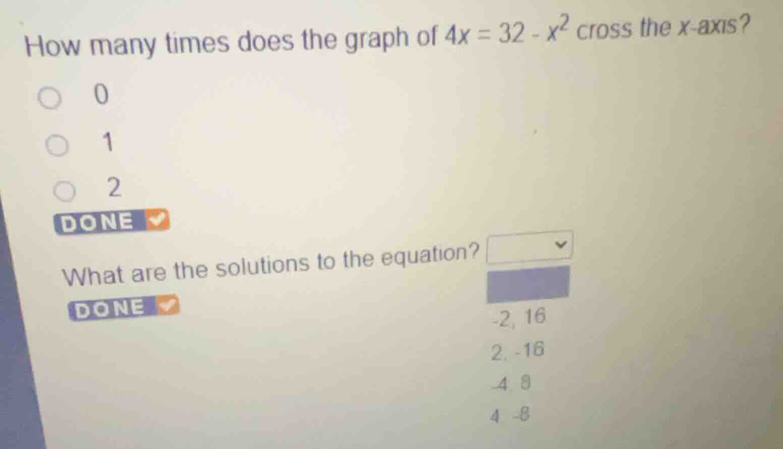 how many times does the graph of \\(4x = 32 - x^2\\) cross the \\(x\\)-…
