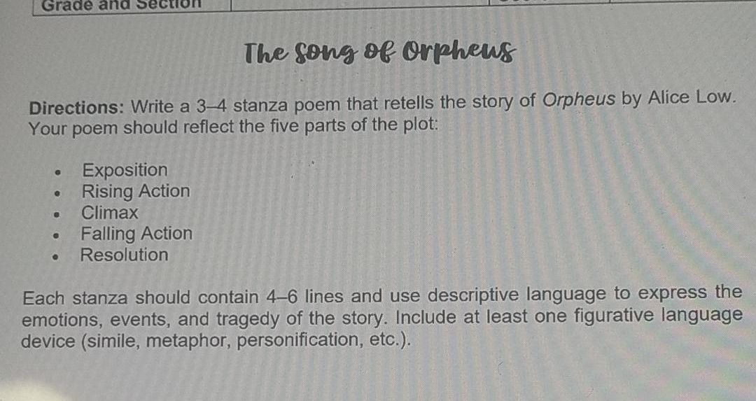 the song of orpheus directions: write a 3-4 stanza poem that retells th…