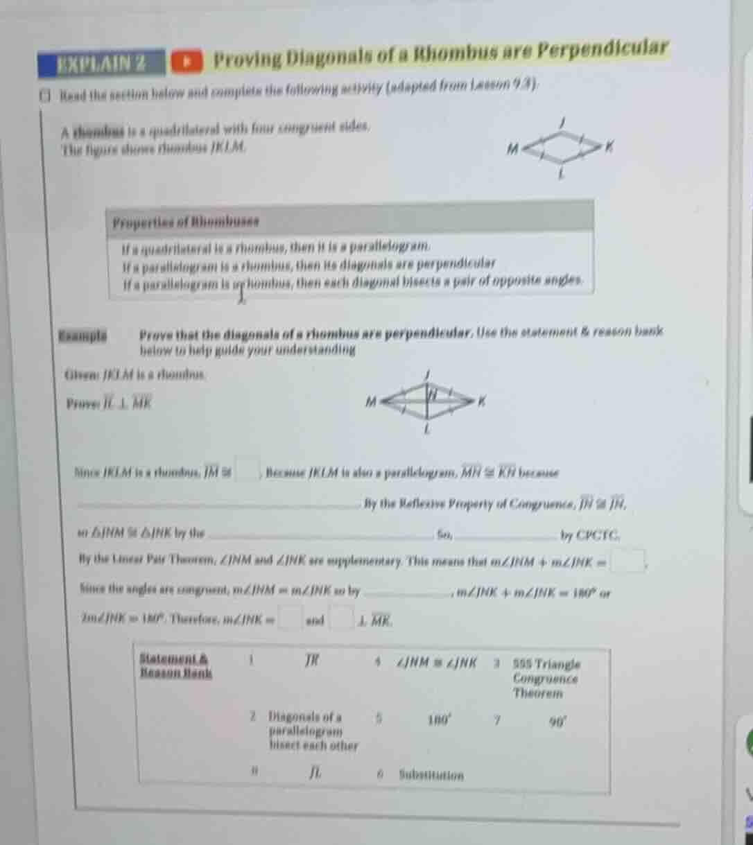 explain 2 proving diagonals of a rhombus are perpendicular read the sec…
