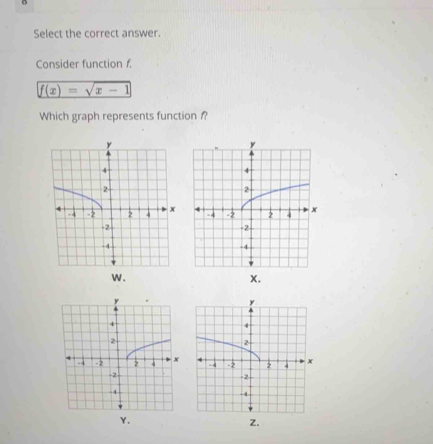 select the correct answer. consider function f. \\f(x) = \\sqrt{x - 1}\…