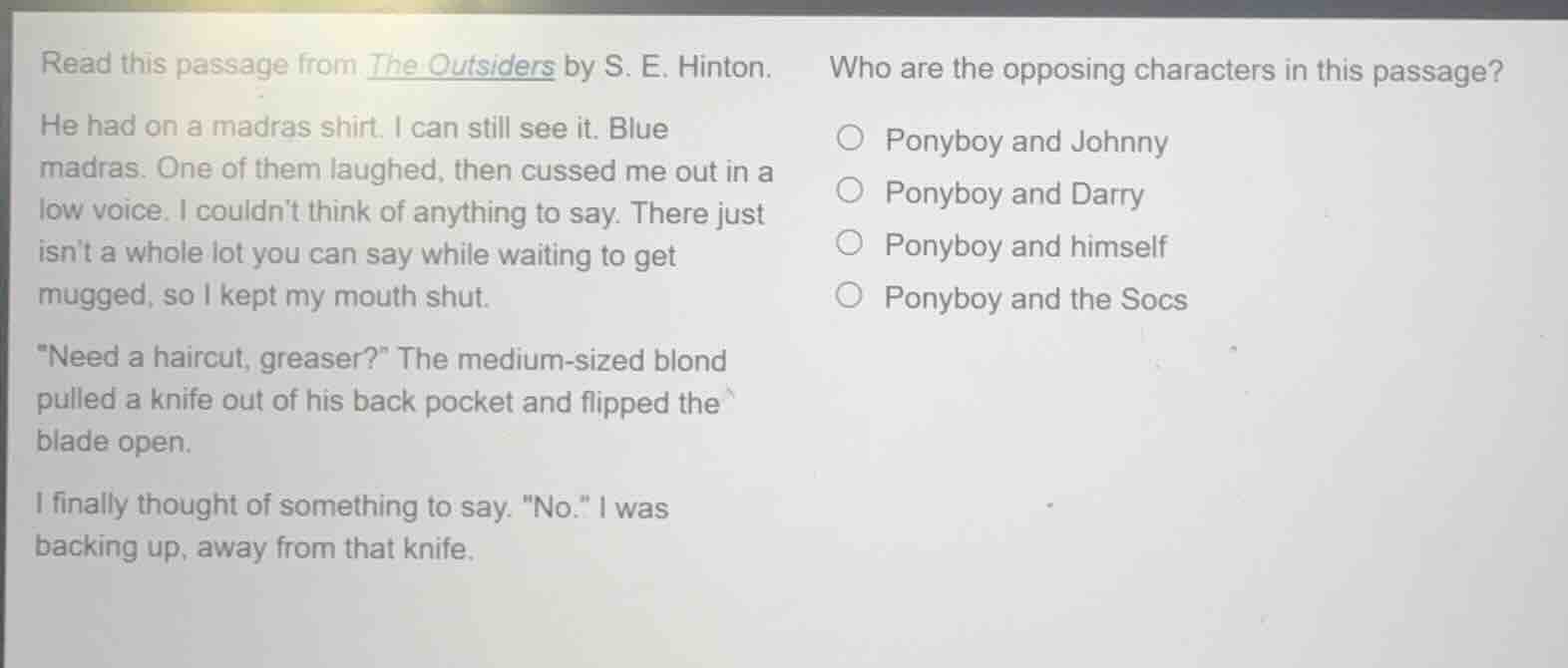 read this passage from the outsiders by s. e. hinton. he had on a madra…