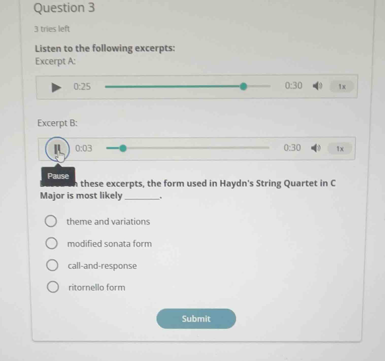 question 3 3 tries left listen to the following excerpts: excerpt a: ex…