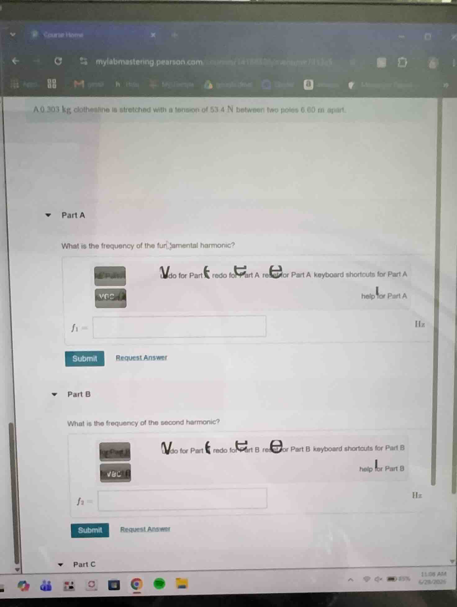 a 0.303 kg clothesline is stretched with a tension of 53.4 n between tw…