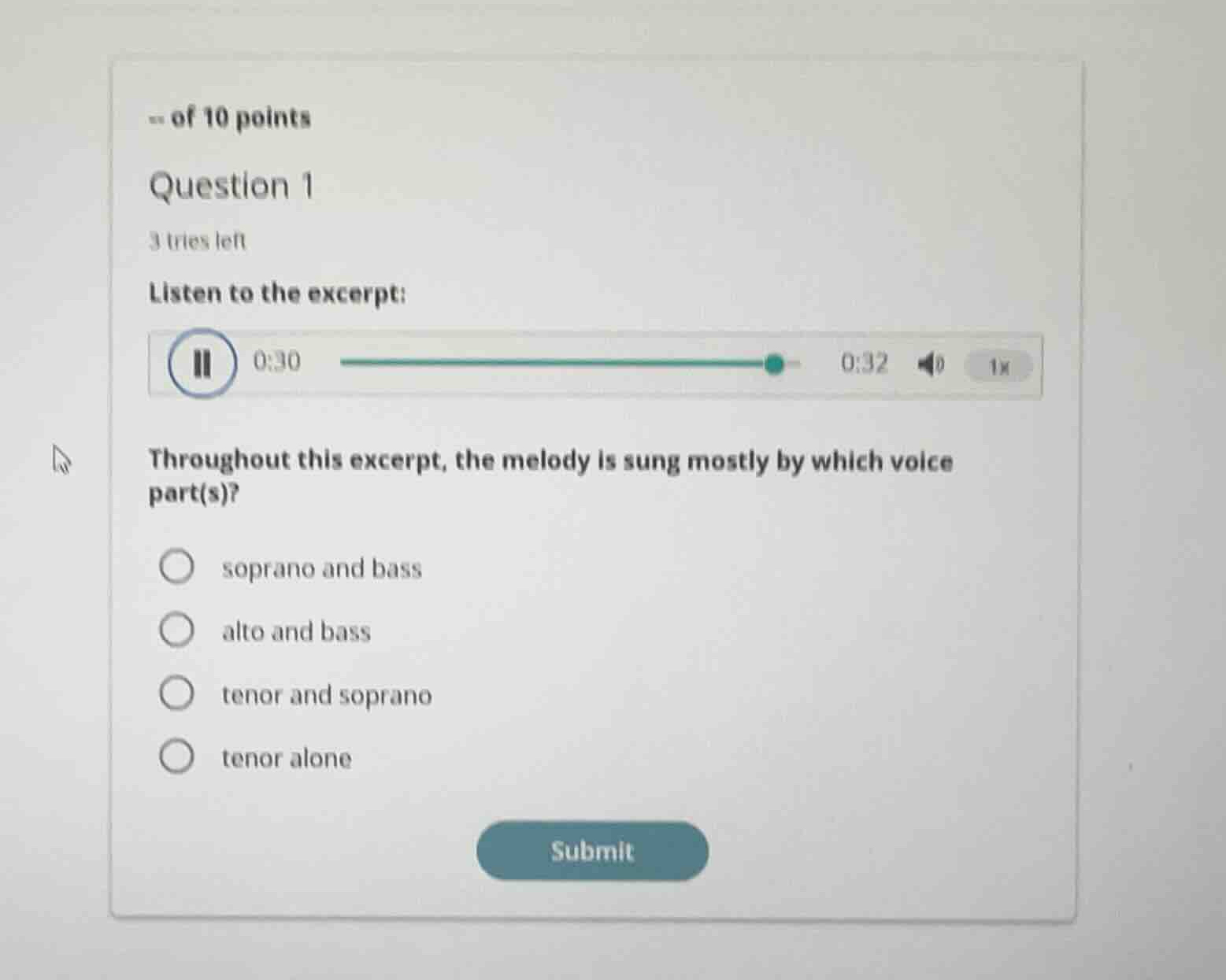 question 1 listen to the excerpt: throughout this excerpt, the melody i…