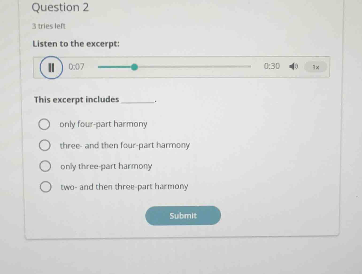 question 2 3 tries left listen to the excerpt: this excerpt includes __…