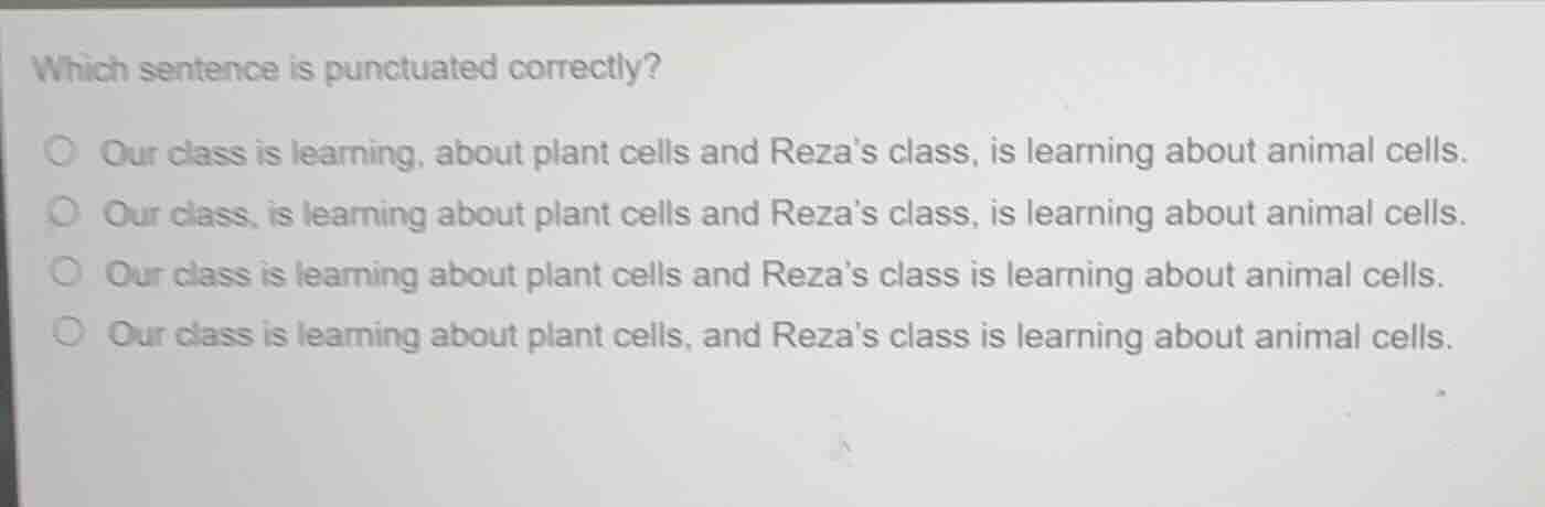 which sentence is punctuated correctly? our class is learning, about pl…