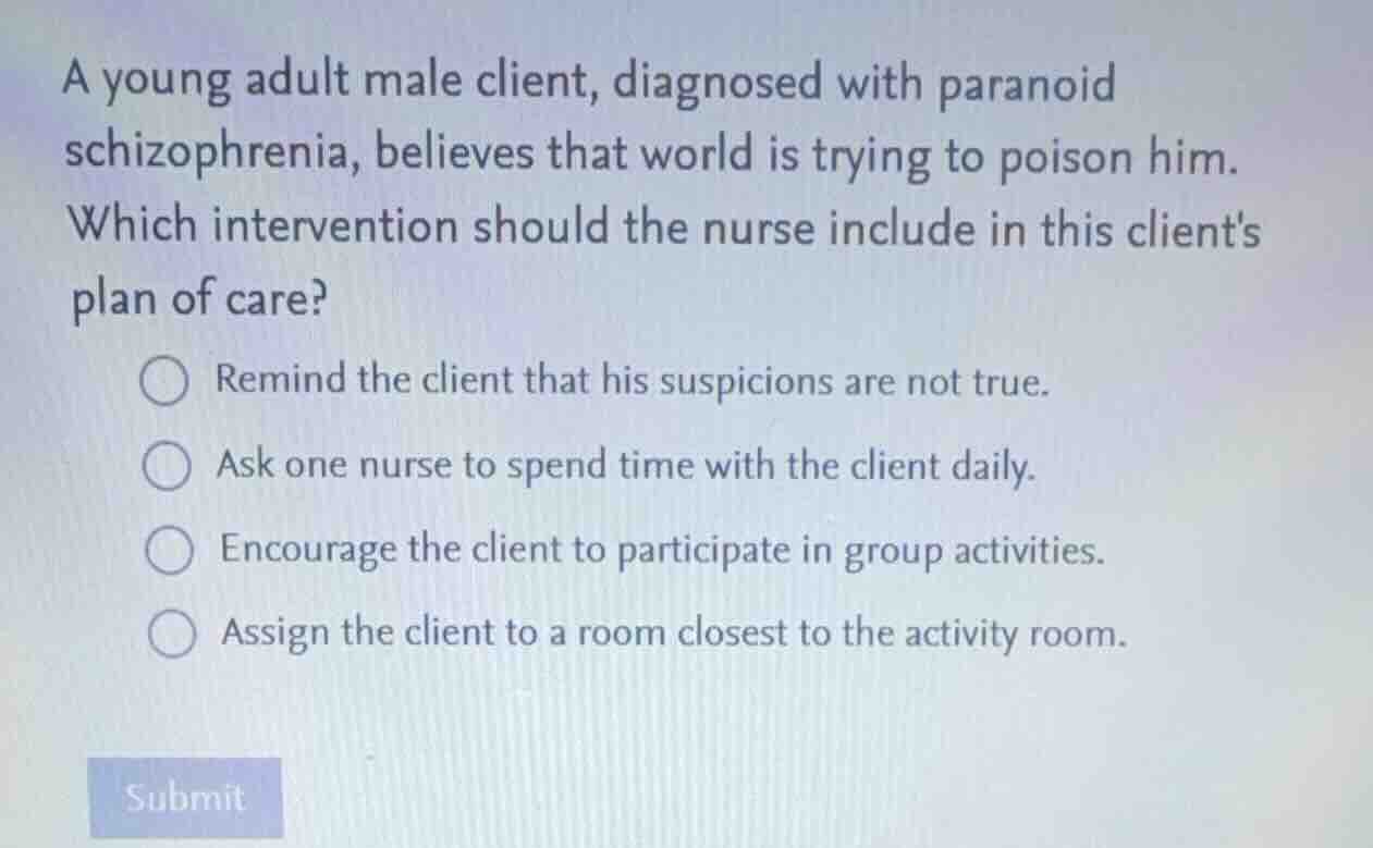 a young adult male client, diagnosed with paranoid schizophrenia, belie…