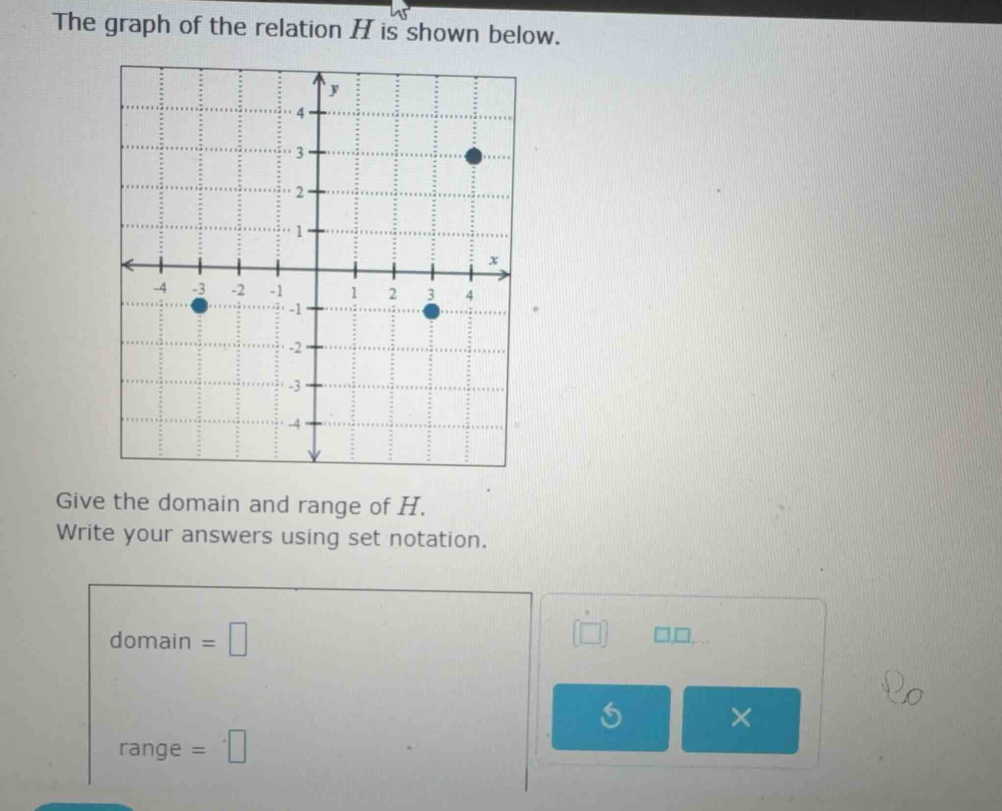 the graph of the relation \\(h\\) is shown below. give the domain and r…