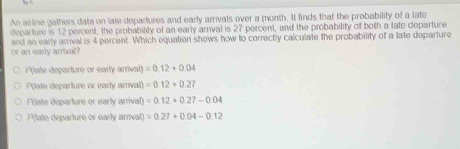 an airline gathers data on late departures and early arrivals over a mo…