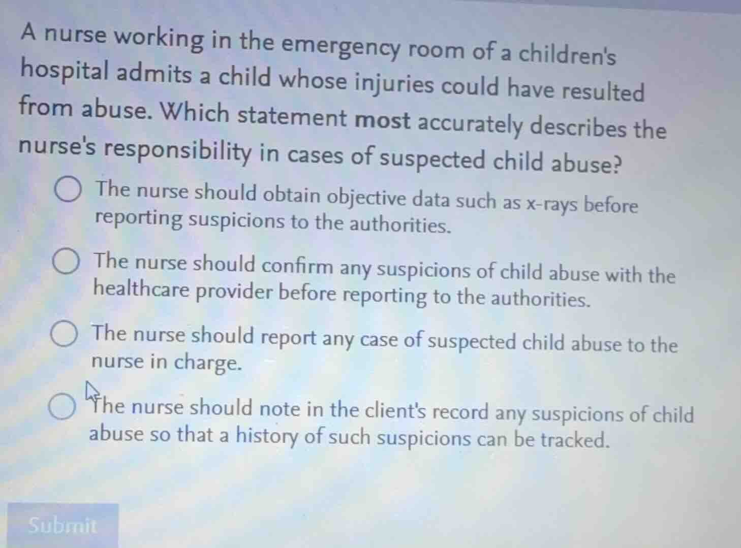 a nurse working in the emergency room of a childrens hospital admits a …