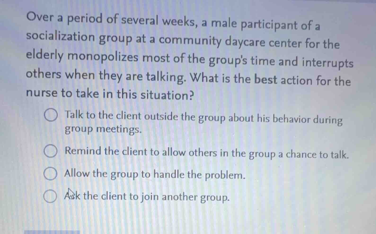 over a period of several weeks, a male participant of a socialization g…