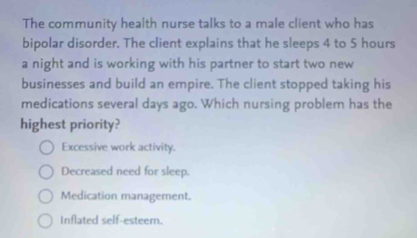 the community health nurse talks to a male client who has bipolar disor…