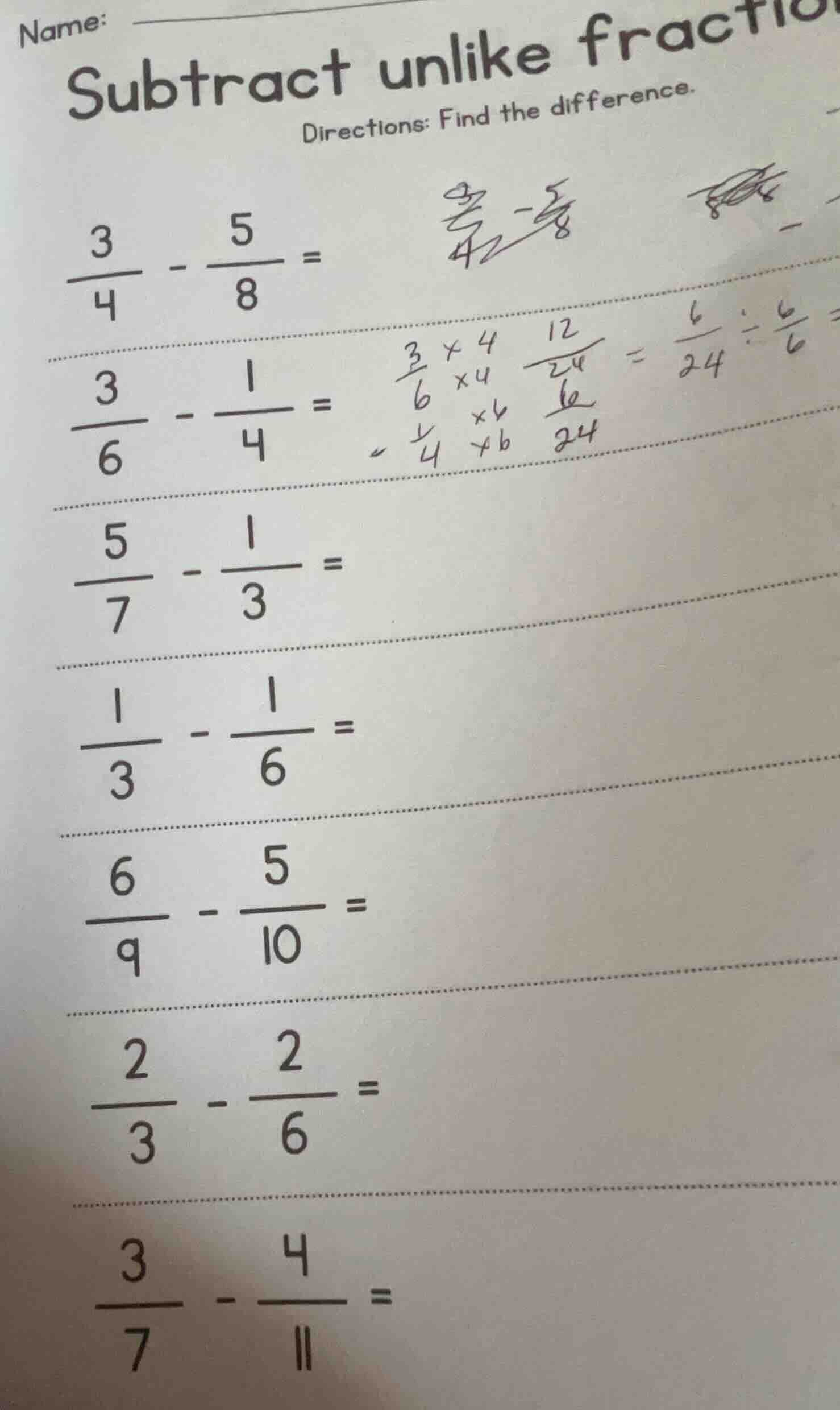 subtract unlike fractions directions: find the difference. \\(\\frac{3}…