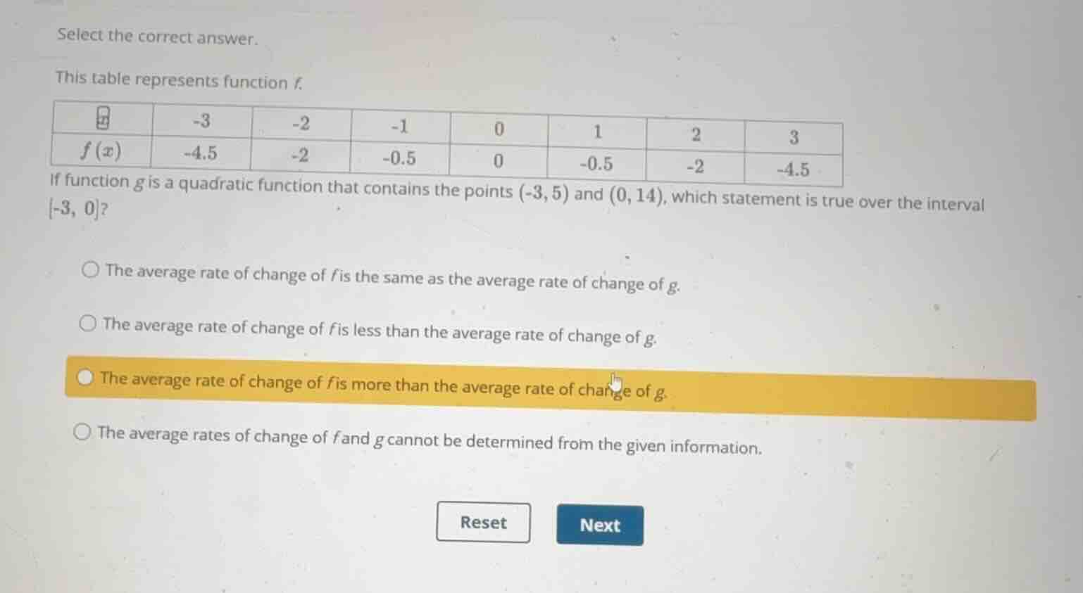 select the correct answer. this table represents function (f). \\begin{…