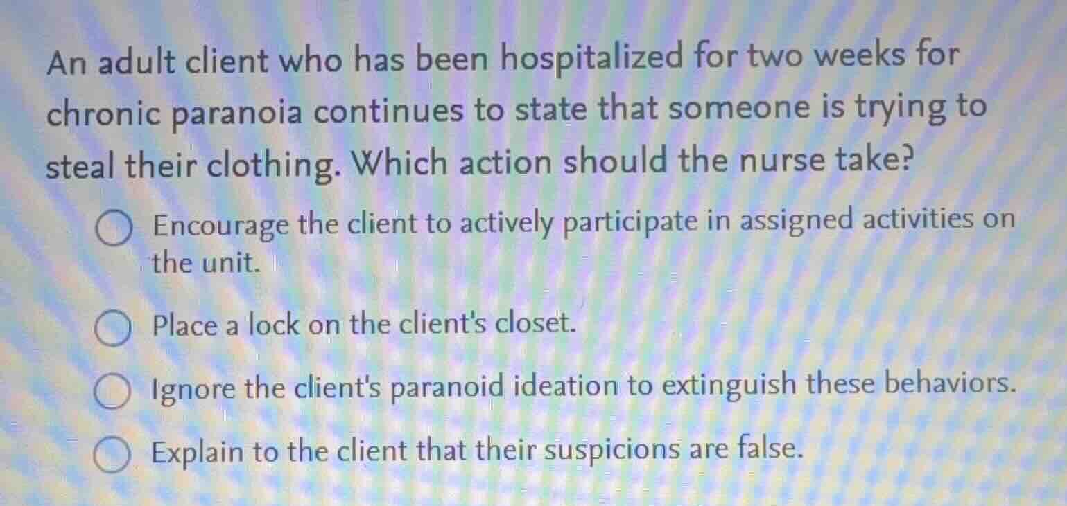 an adult client who has been hospitalized for two weeks for chronic par…