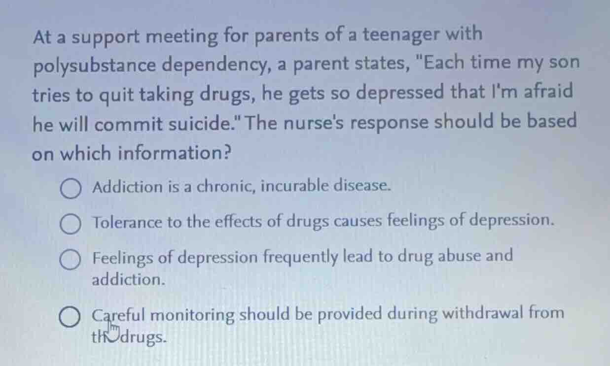 at a support meeting for parents of a teenager with polysubstance depen…