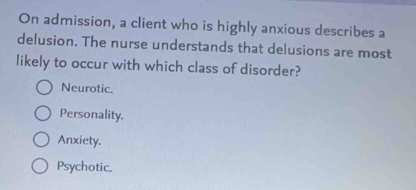 on admission, a client who is highly anxious describes a delusion. the …