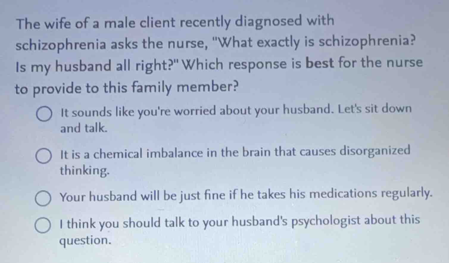 the wife of a male client recently diagnosed with schizophrenia asks th…
