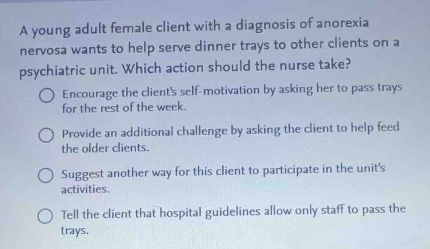 a young adult female client with a diagnosis of anorexia nervosa wants …