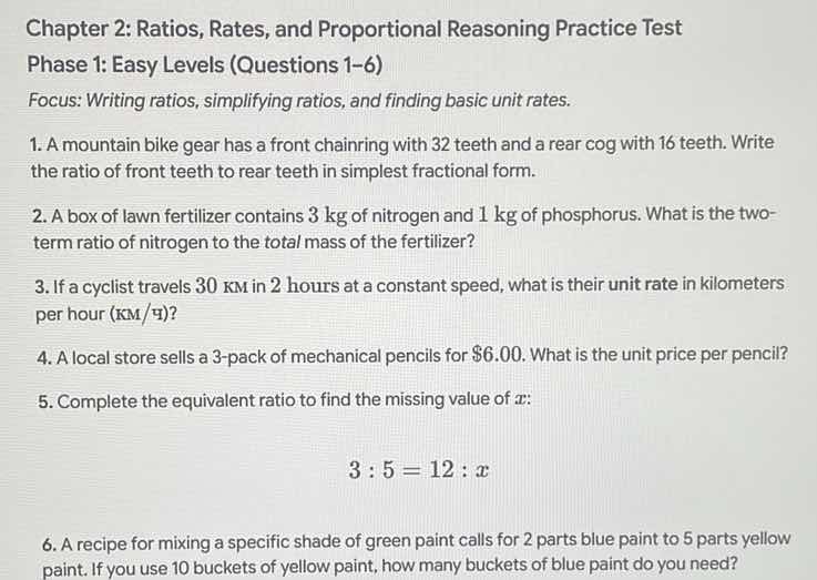 chapter 2: ratios, rates, and proportional reasoning practice test phas…