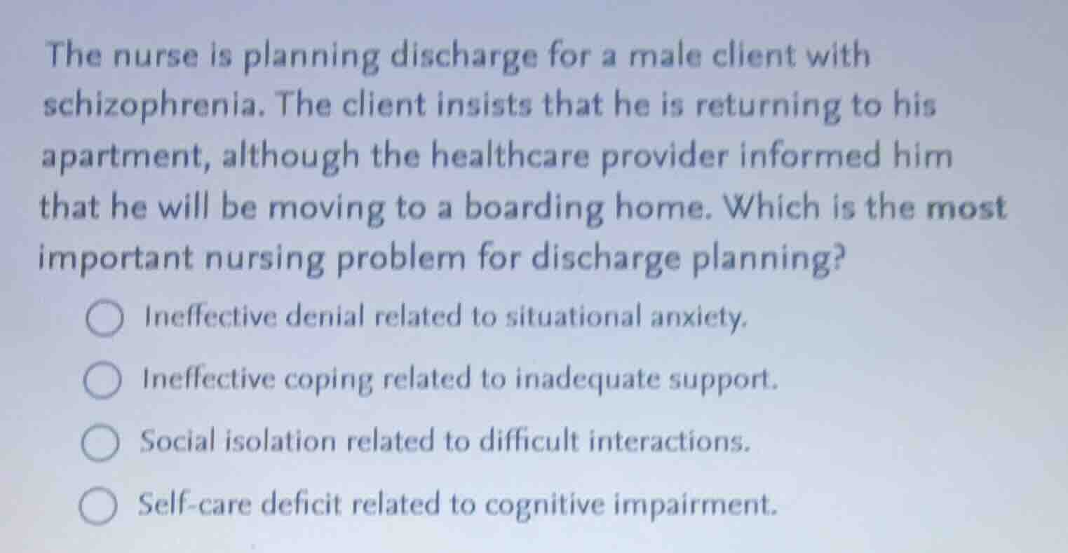 the nurse is planning discharge for a male client with schizophrenia. t…