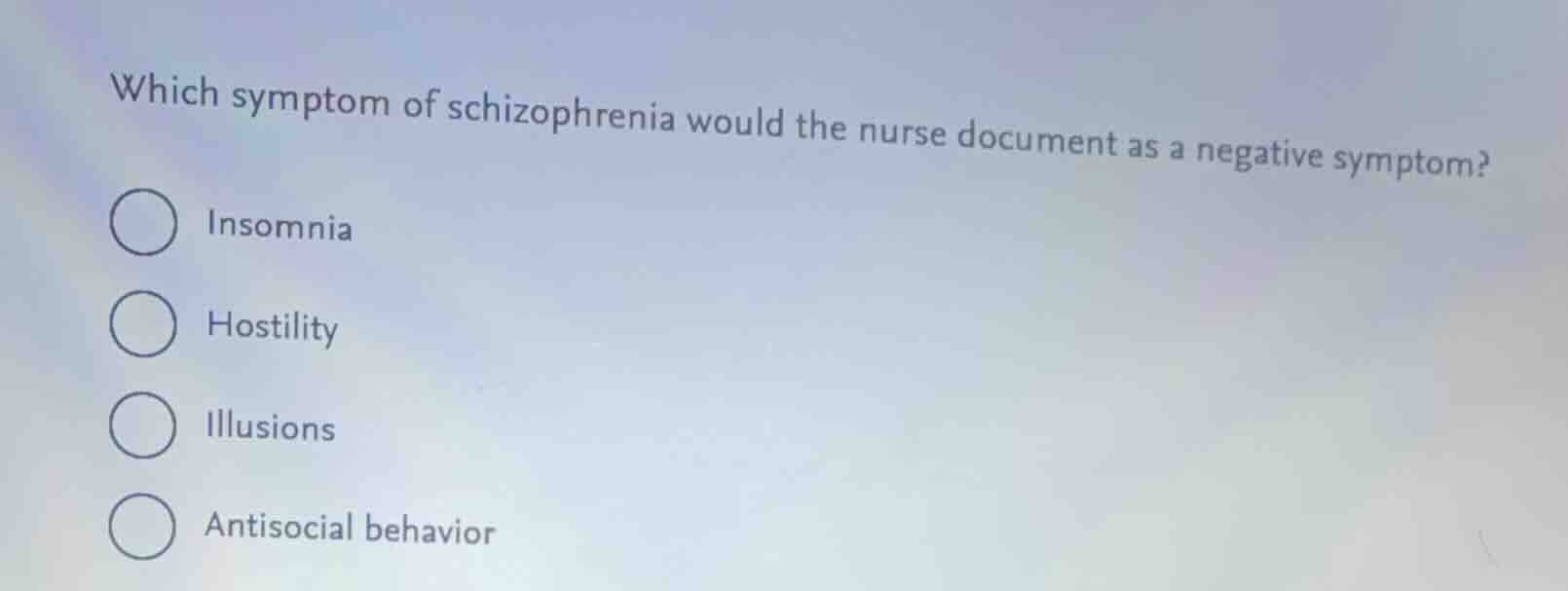 which symptom of schizophrenia would the nurse document as a negative s…