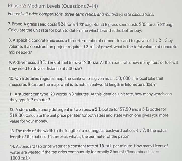 phase 2: medium levels (questions 7-14) focus: unit price comparisons, …