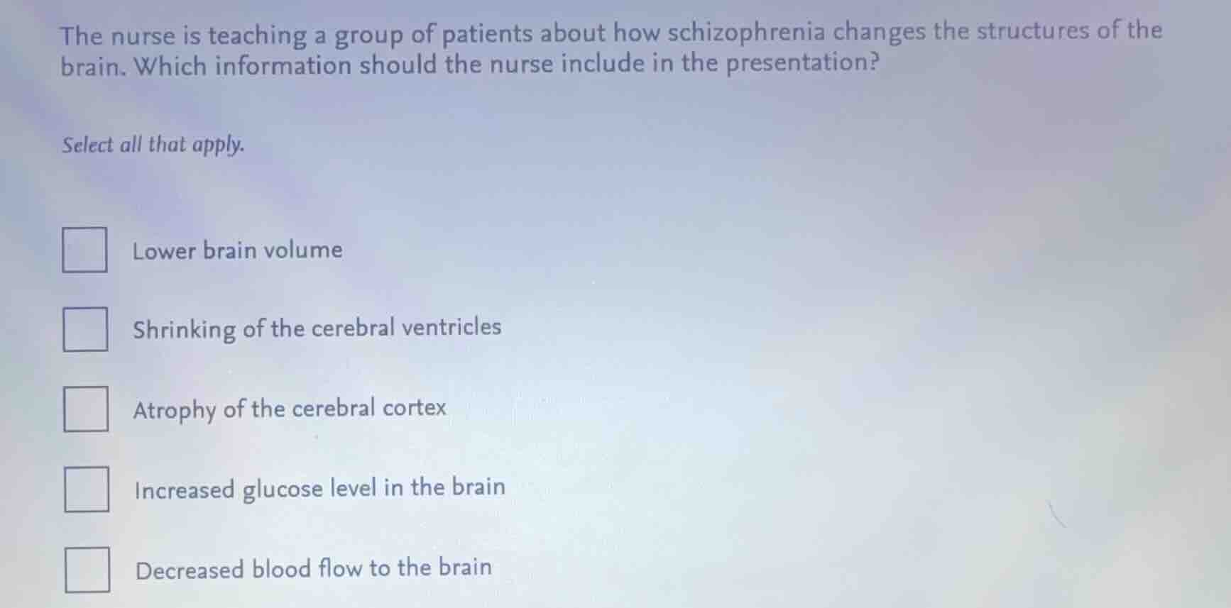 the nurse is teaching a group of patients about how schizophrenia chang…