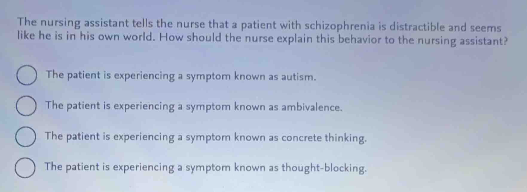 the nursing assistant tells the nurse that a patient with schizophrenia…