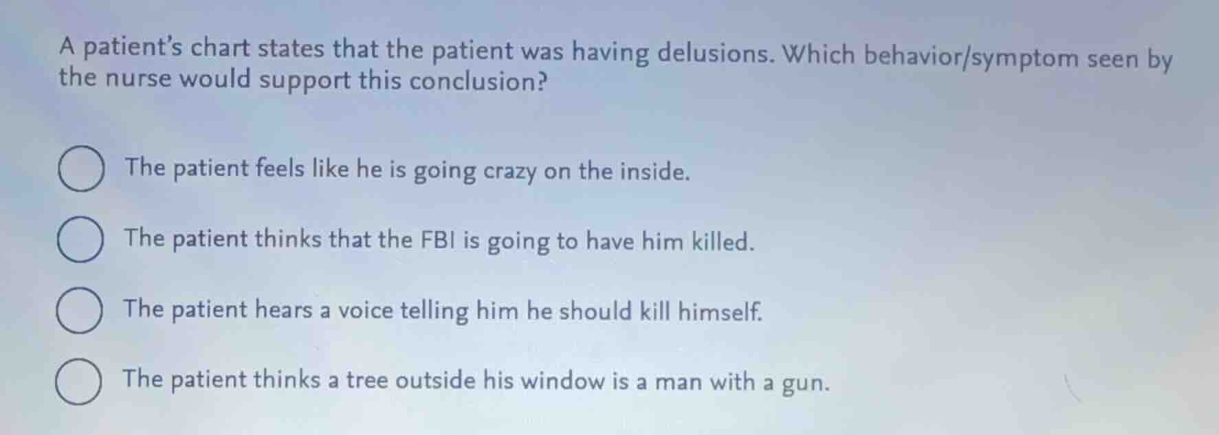 a patients chart states that the patient was having delusions. which be…